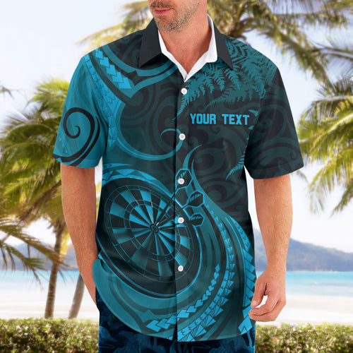 Personalised New Zealand Turquoise Darts Hawaiian Shirt Maori Fern Curve Style