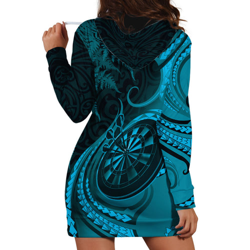 Personalised New Zealand Turquoise Darts Hoodie Dress Maori Fern Curve Style