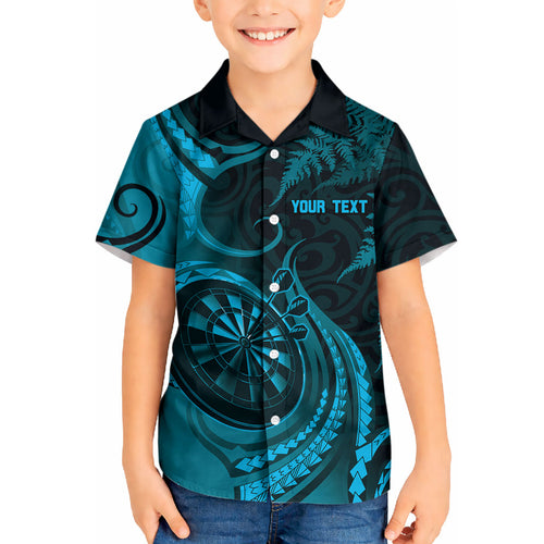 Personalised New Zealand Turquoise Darts Kid Hawaiian Shirt Maori Fern Curve Style