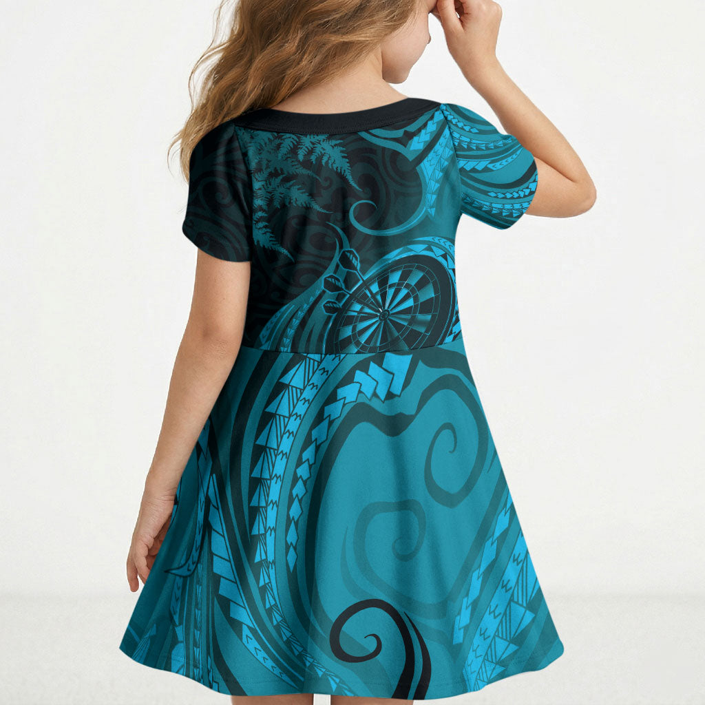 Personalised New Zealand Turquoise Darts Kid Short Sleeve Dress Maori Fern Curve Style