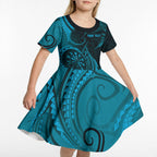 Personalised New Zealand Turquoise Darts Kid Short Sleeve Dress Maori Fern Curve Style