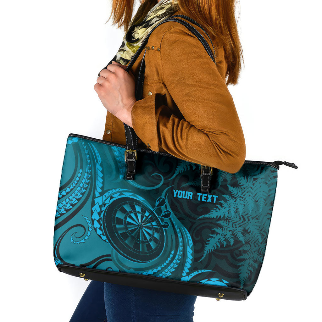 Personalised New Zealand Turquoise Darts Leather Tote Bag Maori Fern Curve Style