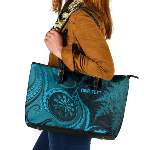 Personalised New Zealand Turquoise Darts Leather Tote Bag Maori Fern Curve Style