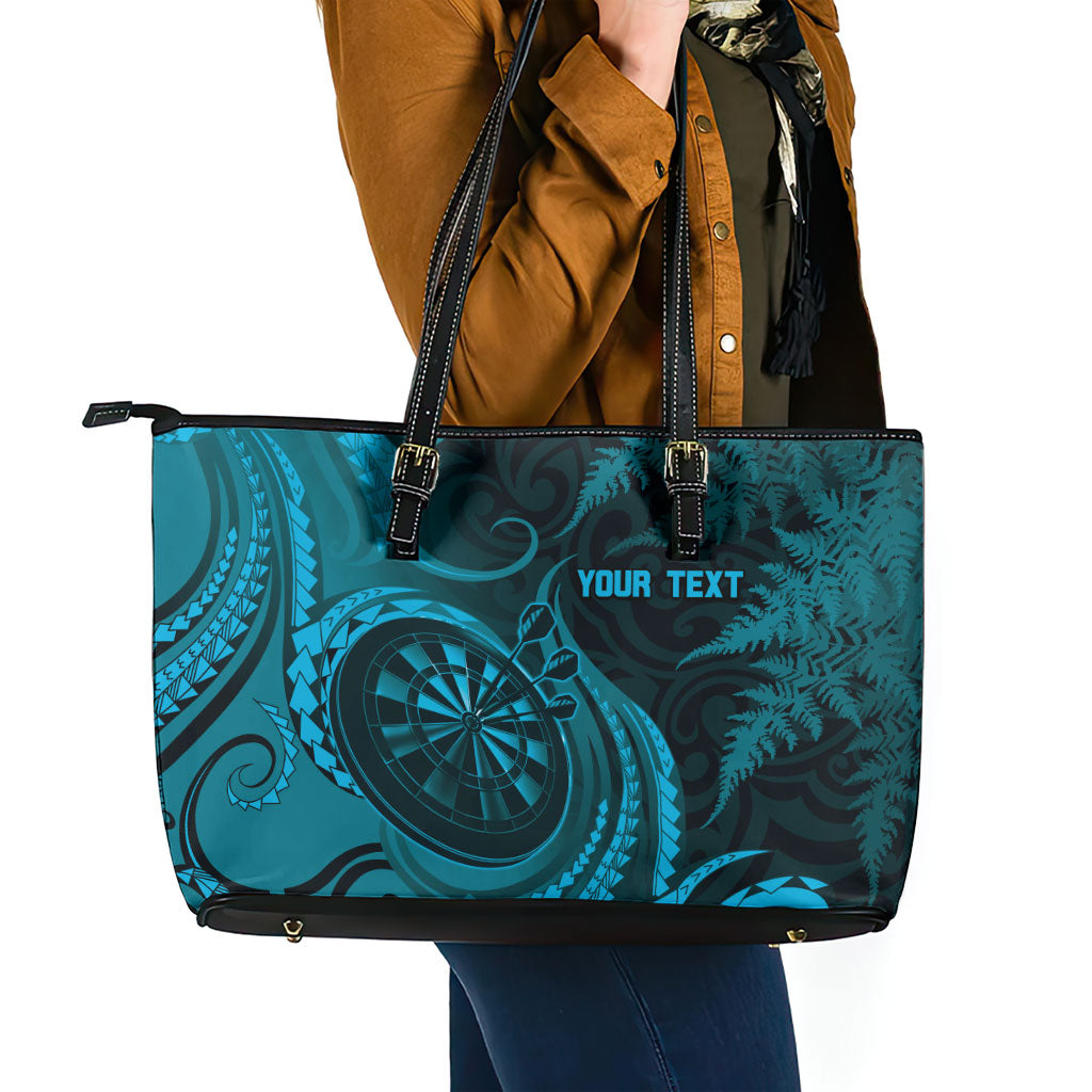 Personalised New Zealand Turquoise Darts Leather Tote Bag Maori Fern Curve Style