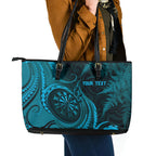 Personalised New Zealand Turquoise Darts Leather Tote Bag Maori Fern Curve Style