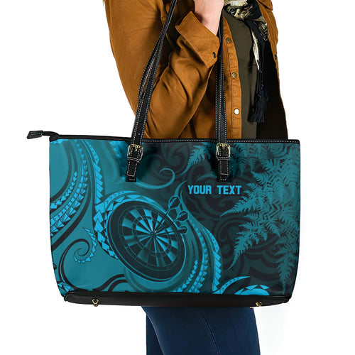 Personalised New Zealand Turquoise Darts Leather Tote Bag Maori Fern Curve Style