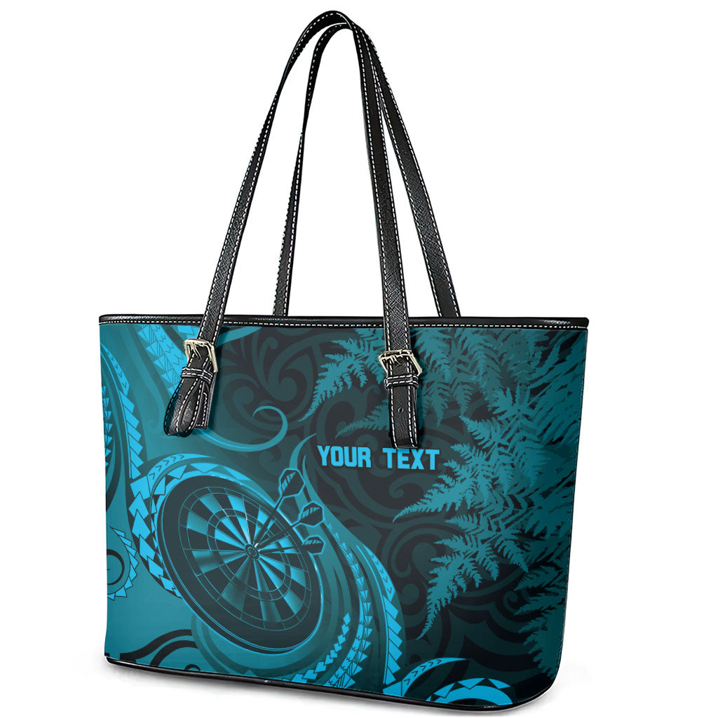 Personalised New Zealand Turquoise Darts Leather Tote Bag Maori Fern Curve Style