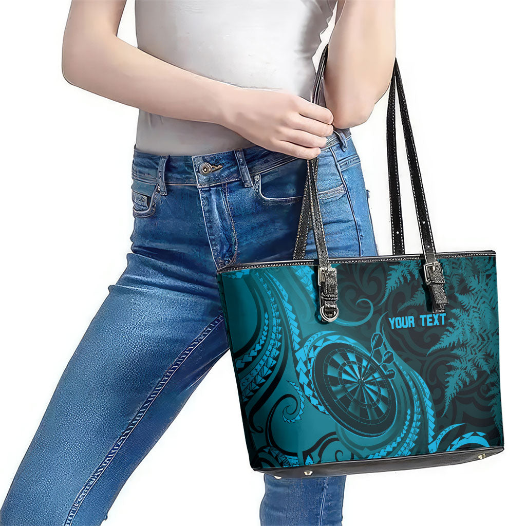 Personalised New Zealand Turquoise Darts Leather Tote Bag Maori Fern Curve Style