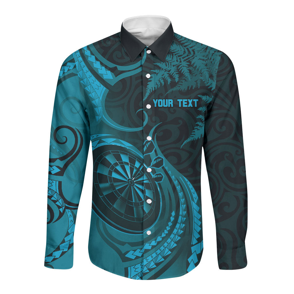 Personalised New Zealand Turquoise Darts Long Sleeve Button Shirt Maori Fern Curve Style