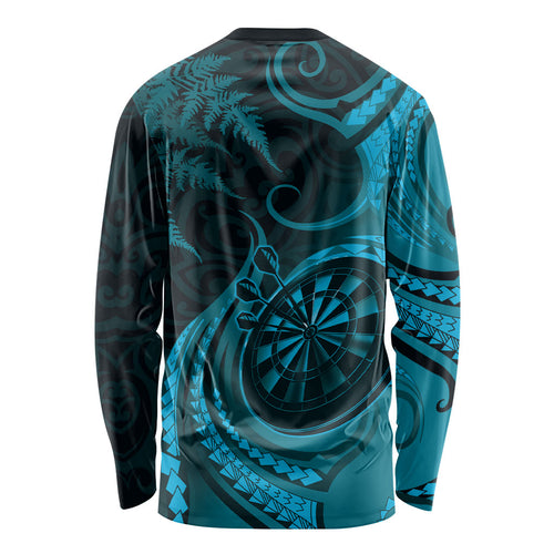 Personalised New Zealand Turquoise Darts Long Sleeve Shirt Maori Fern Curve Style
