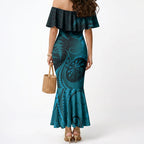 Personalised New Zealand Turquoise Darts Mermaid Dress Maori Fern Curve Style
