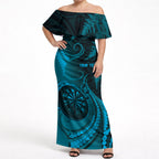 Personalised New Zealand Turquoise Darts Off Shoulder Maxi Dress Maori Fern Curve Style