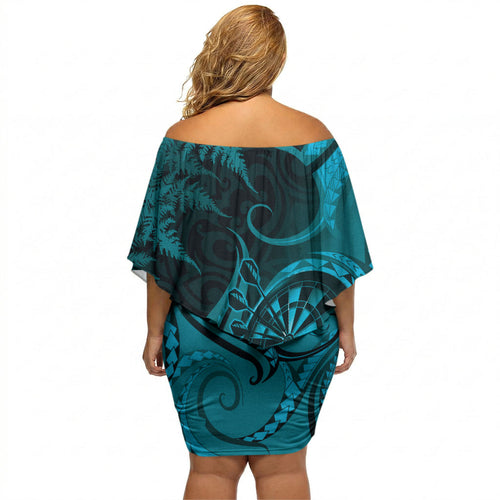 Personalised New Zealand Turquoise Darts Off Shoulder Short Dress Maori Fern Curve Style