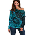 Personalised New Zealand Turquoise Darts Off Shoulder Sweater Maori Fern Curve Style