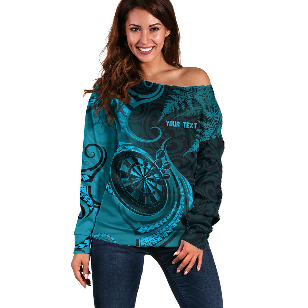 Personalised New Zealand Turquoise Darts Off Shoulder Sweater Maori Fern Curve Style