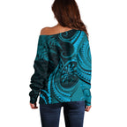 Personalised New Zealand Turquoise Darts Off Shoulder Sweater Maori Fern Curve Style