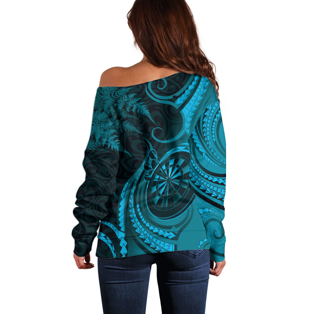 Personalised New Zealand Turquoise Darts Off Shoulder Sweater Maori Fern Curve Style