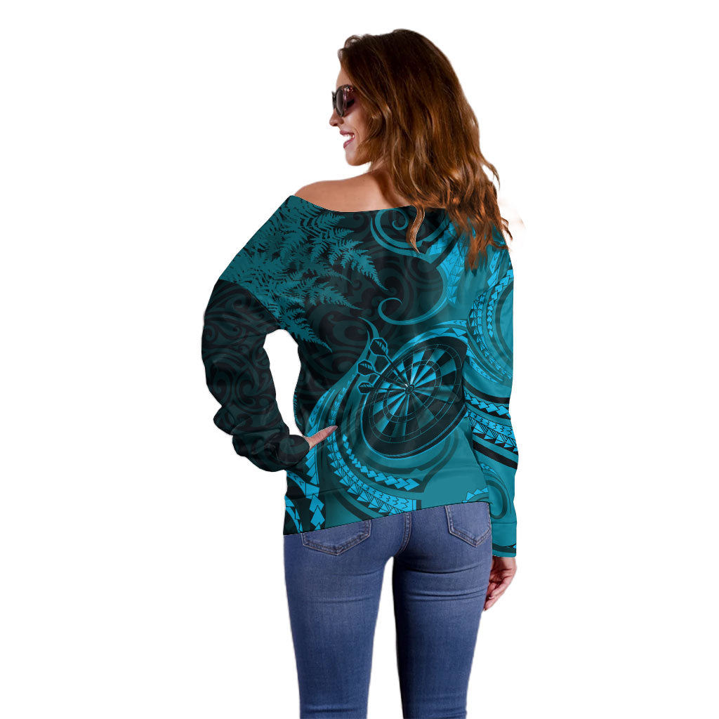 Personalised New Zealand Turquoise Darts Off Shoulder Sweater Maori Fern Curve Style