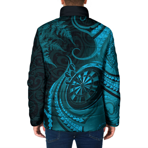 Personalised New Zealand Turquoise Darts Padded Jacket Maori Fern Curve Style