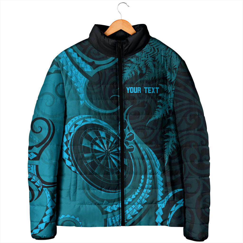 Personalised New Zealand Turquoise Darts Padded Jacket Maori Fern Curve Style