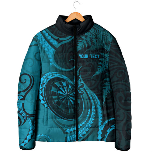 Personalised New Zealand Turquoise Darts Padded Jacket Maori Fern Curve Style