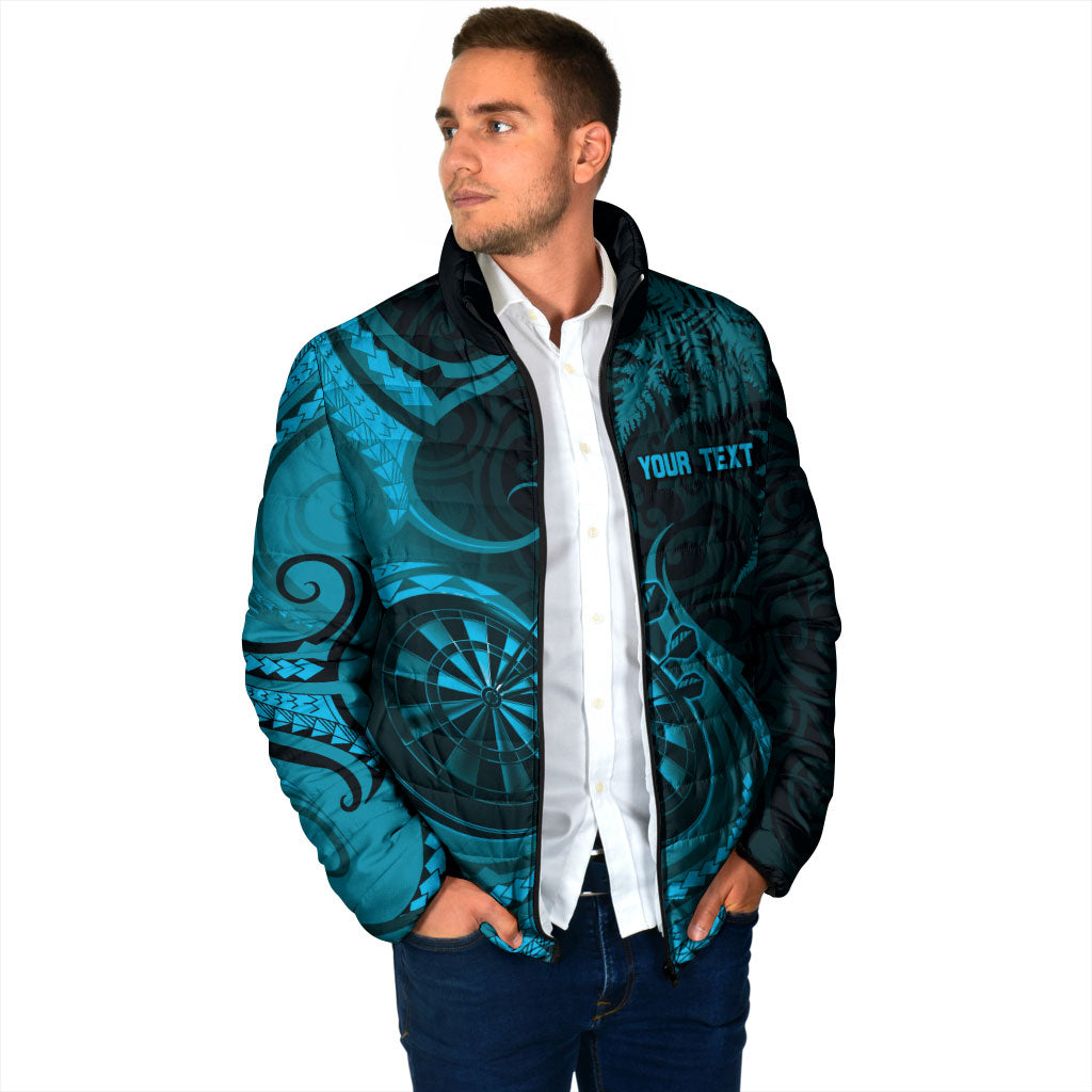Personalised New Zealand Turquoise Darts Padded Jacket Maori Fern Curve Style
