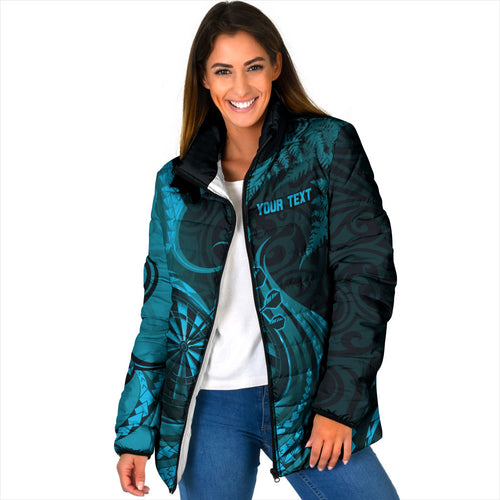 Personalised New Zealand Turquoise Darts Padded Jacket Maori Fern Curve Style