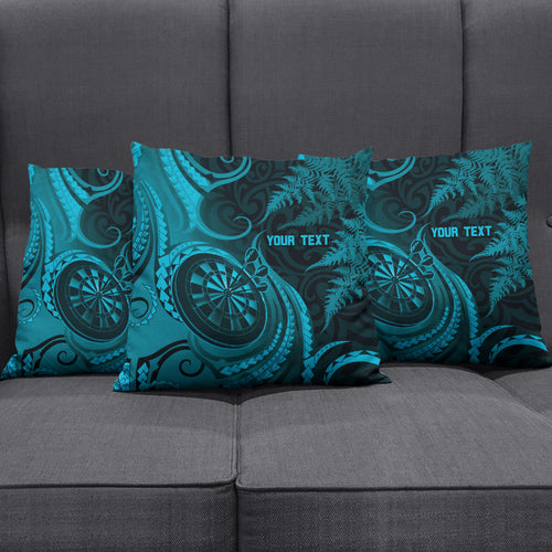 Personalised New Zealand Turquoise Darts Pillow Cover Maori Fern Curve Style
