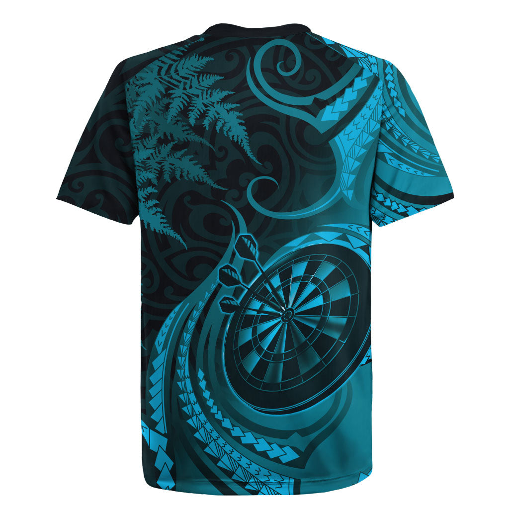 Personalised New Zealand Turquoise Darts Rugby Jersey Maori Fern Curve Style