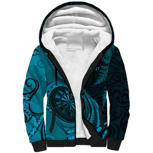 Personalised New Zealand Turquoise Darts Sherpa Hoodie Maori Fern Curve Style