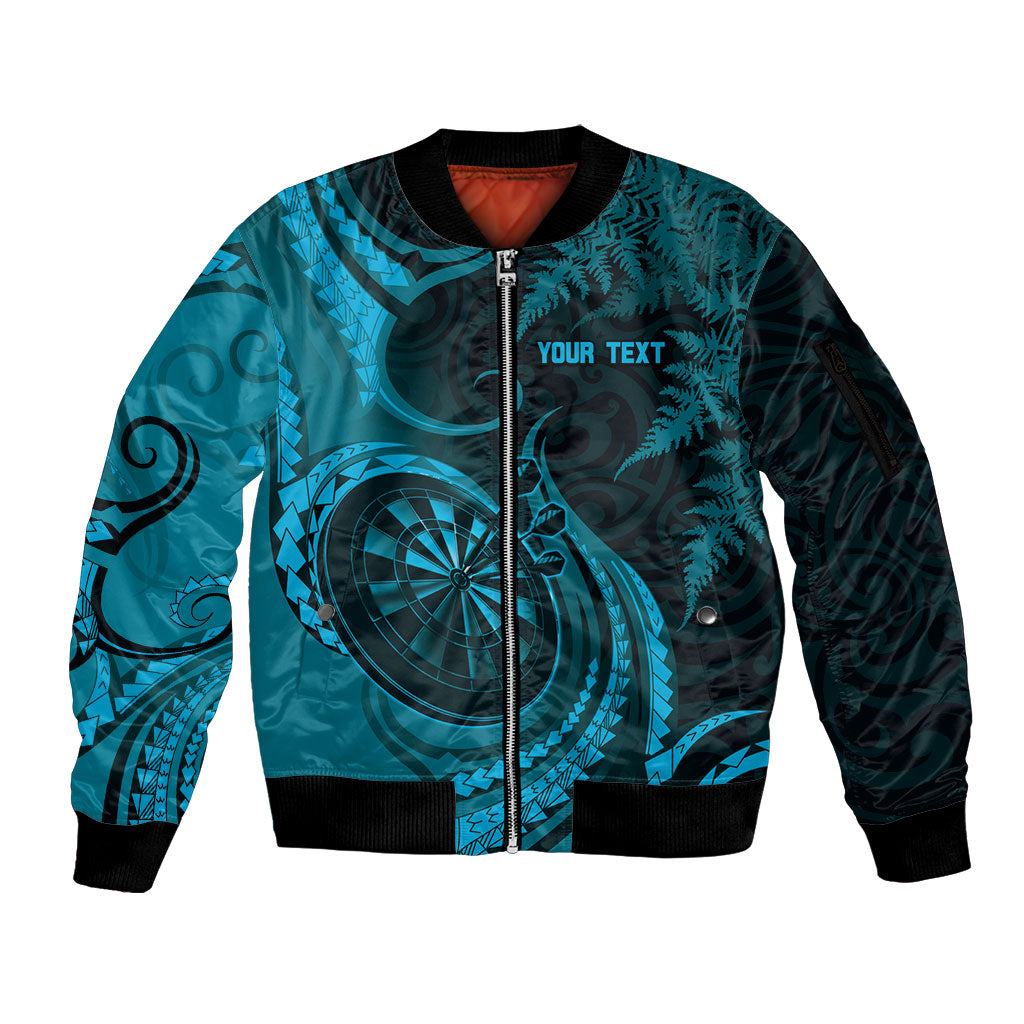 Personalised New Zealand Turquoise Darts Sleeve Zip Bomber Jacket Maori Fern Curve Style