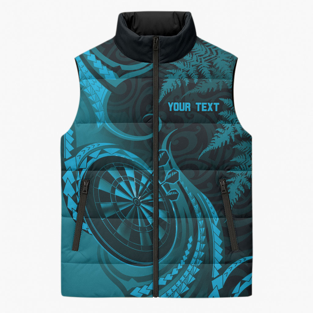 Personalised New Zealand Turquoise Darts Sleeveless Puffer Jacket Maori Fern Curve Style