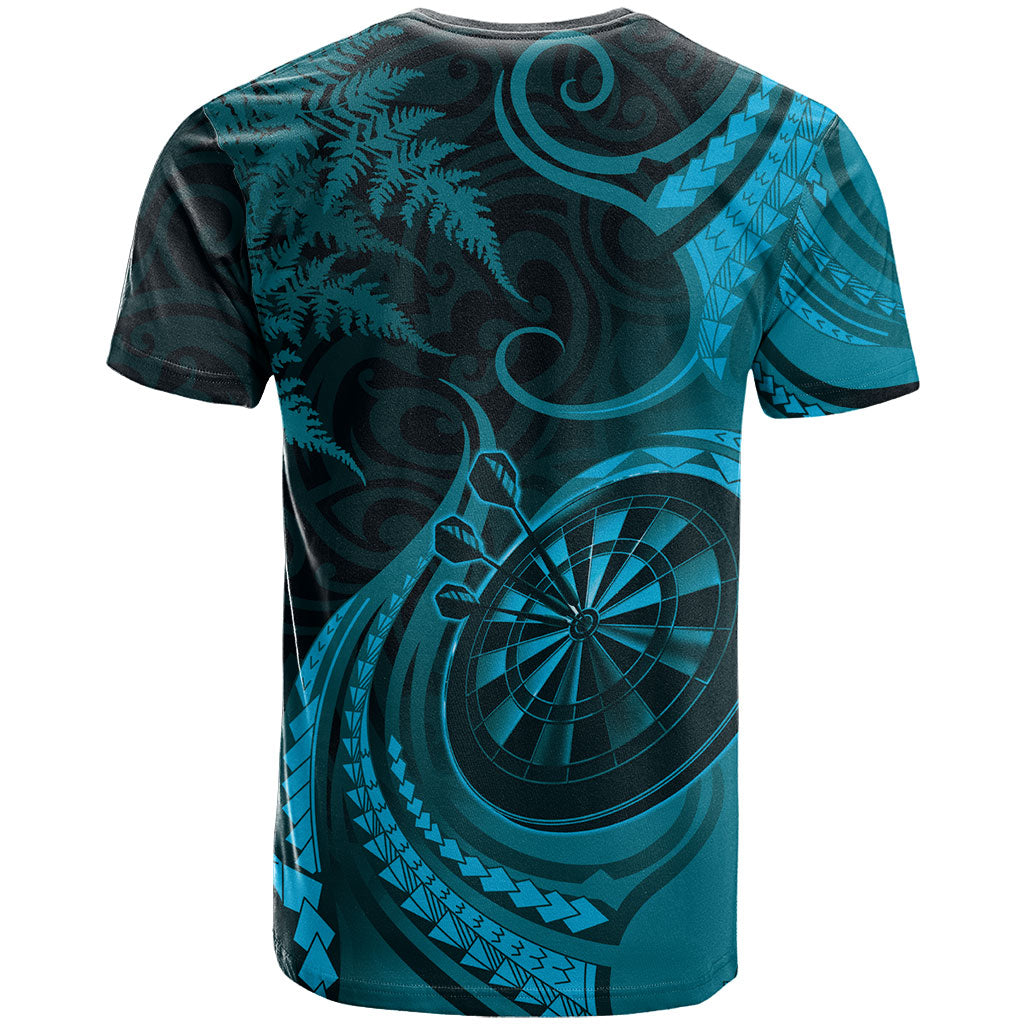 Personalised New Zealand Turquoise Darts T Shirt Maori Fern Curve Style