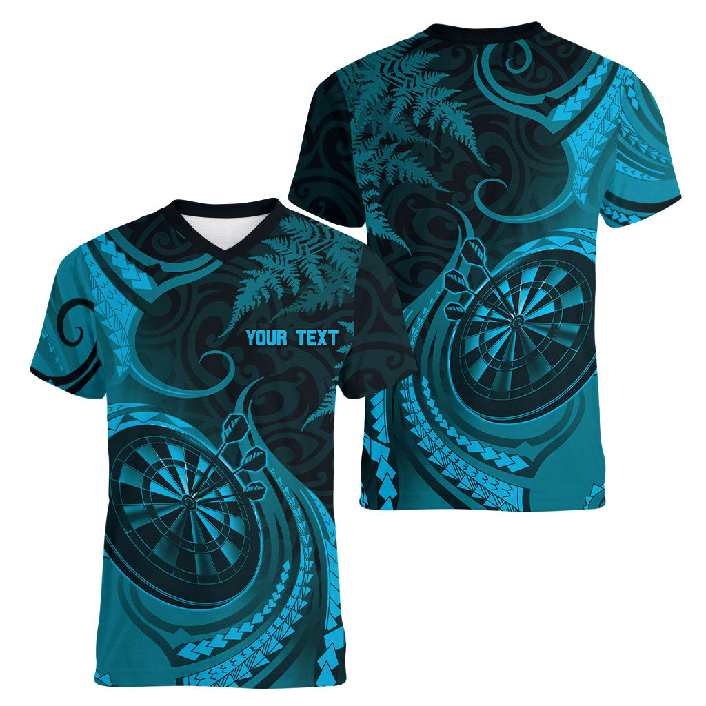 Personalised New Zealand Turquoise Darts Women V-Neck T-Shirt Maori Fern Curve Style