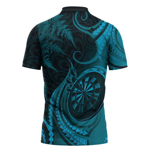 Personalised New Zealand Turquoise Darts Zipper Polo Shirt Maori Fern Curve Style