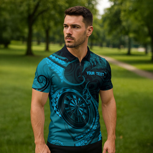 Personalised New Zealand Turquoise Darts Zipper Polo Shirt Maori Fern Curve Style