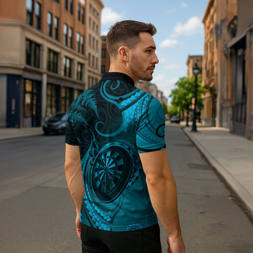 Personalised New Zealand Turquoise Darts Zipper Polo Shirt Maori Fern Curve Style