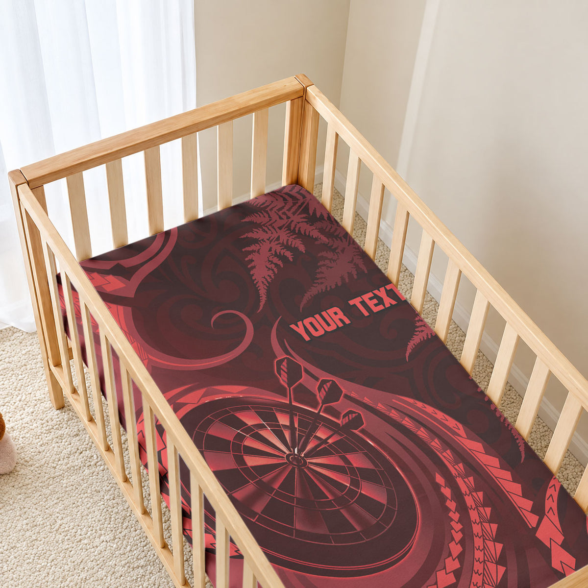 Personalised New Zealand Red Darts Baby Bed Cover Maori Fern Curve Style