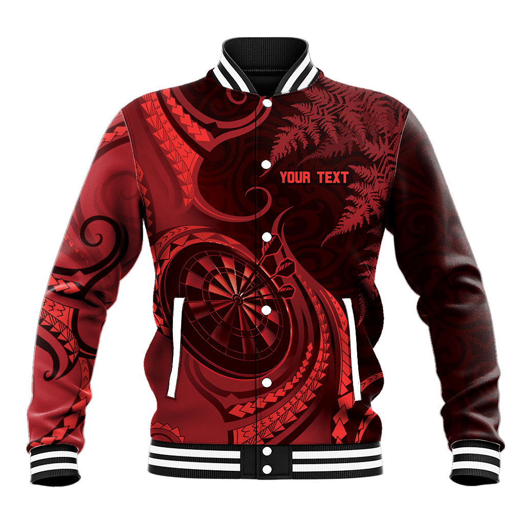 Personalised New Zealand Red Darts Baseball Jacket Maori Fern Curve Style