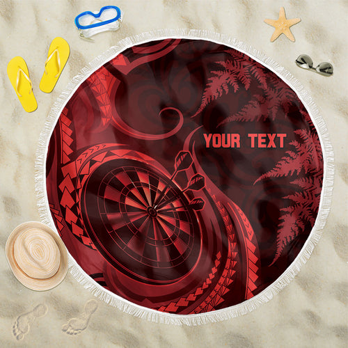 Personalised New Zealand Red Darts Beach Blanket Maori Fern Curve Style
