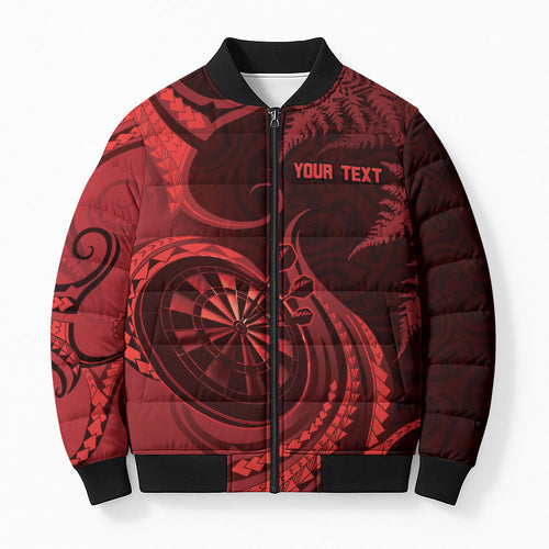 Personalised New Zealand Red Darts Bomber Puffer Jacket Maori Fern Curve Style