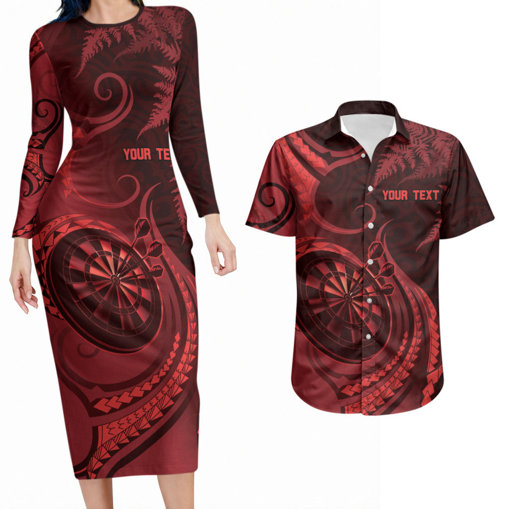 Personalised New Zealand Red Darts Couples Matching Long Sleeve Bodycon Dress and Hawaiian Shirt Maori Fern Curve Style