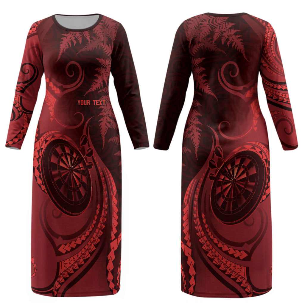 Personalised New Zealand Red Darts Couples Matching Long Sleeve Bodycon Dress and Hawaiian Shirt Maori Fern Curve Style