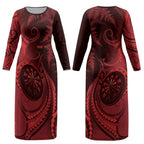 Personalised New Zealand Red Darts Couples Matching Long Sleeve Bodycon Dress and Long Sleeve Button Shirt Maori Fern Curve Style