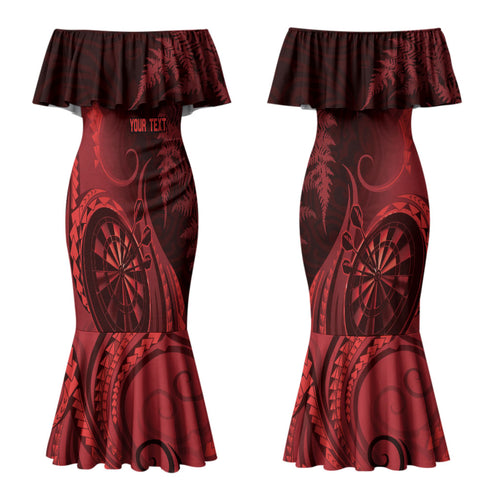 Personalised New Zealand Red Darts Couples Matching Mermaid Dress and Hawaiian Shirt Maori Fern Curve Style