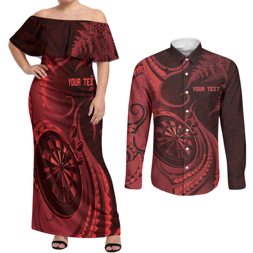 Personalised New Zealand Red Darts Couples Matching Off Shoulder Maxi Dress and Long Sleeve Button Shirt Maori Fern Curve Style