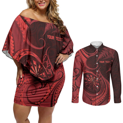 Personalised New Zealand Red Darts Couples Matching Off Shoulder Short Dress and Long Sleeve Button Shirt Maori Fern Curve Style