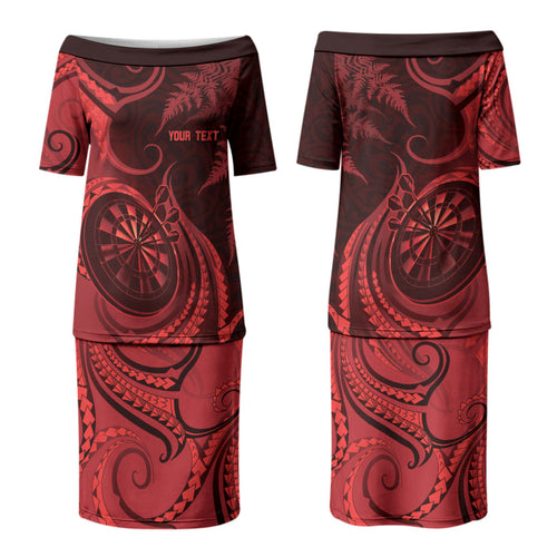 Personalised New Zealand Red Darts Couples Matching Puletasi and Long Sleeve Button Shirt Maori Fern Curve Style