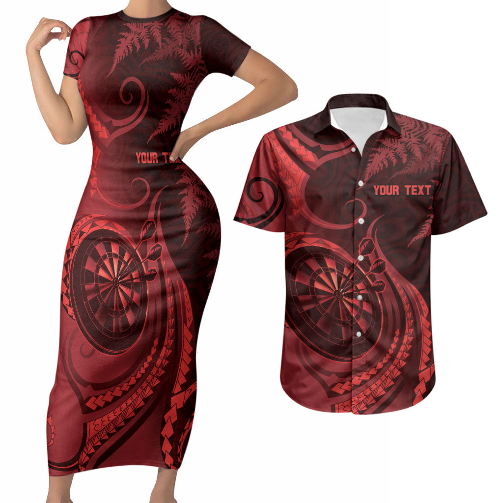 Personalised New Zealand Red Darts Couples Matching Short Sleeve Bodycon Dress and Hawaiian Shirt Maori Fern Curve Style