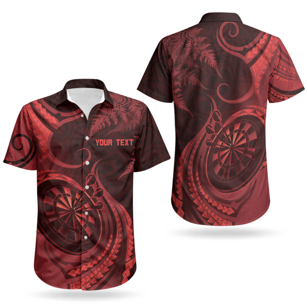 Personalised New Zealand Red Darts Couples Matching Short Sleeve Bodycon Dress and Hawaiian Shirt Maori Fern Curve Style